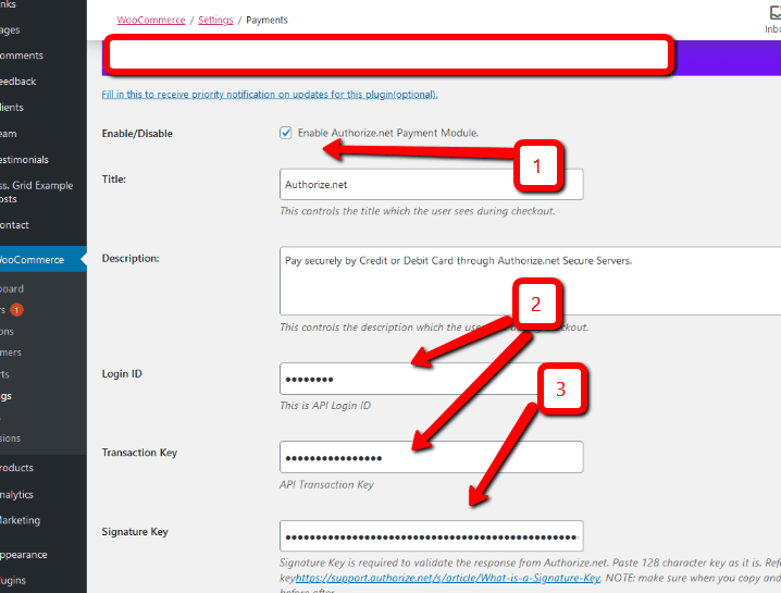 authorize .net dashboard settings woocommerce wordrpess