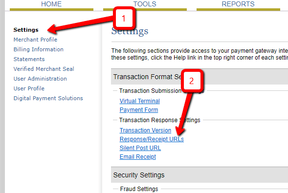 response receipt url under Transaction Format Settings