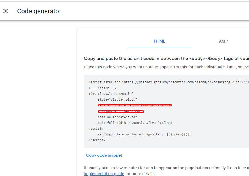 html code of ads of google adsense